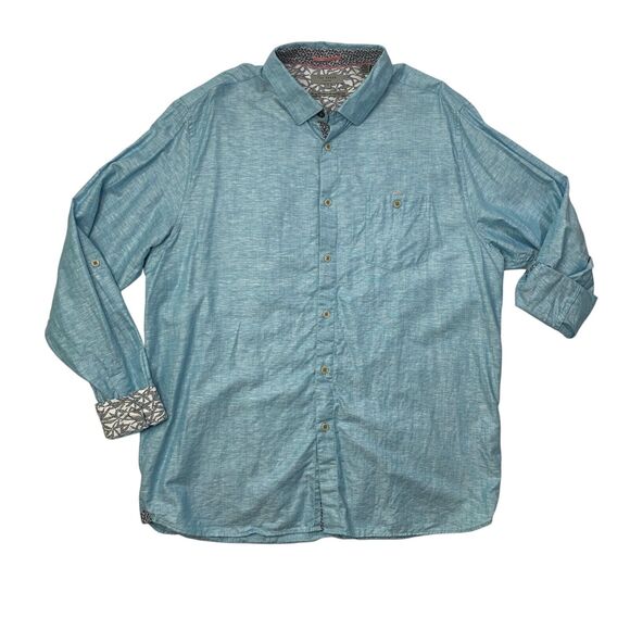 Ted Baker Shirt Mens 7 Aqua Blue Linen Blend Tab Sleev Flip Cuff Long Sleeve Top - Picture 1 of 13